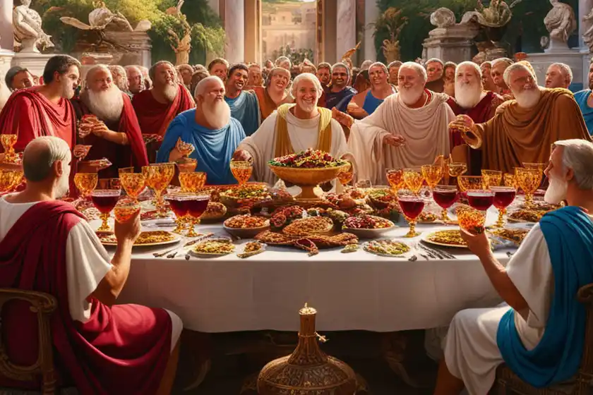 Szene im alten Rom mit Senatoren die ein Fest mit Wein und essen feiern.